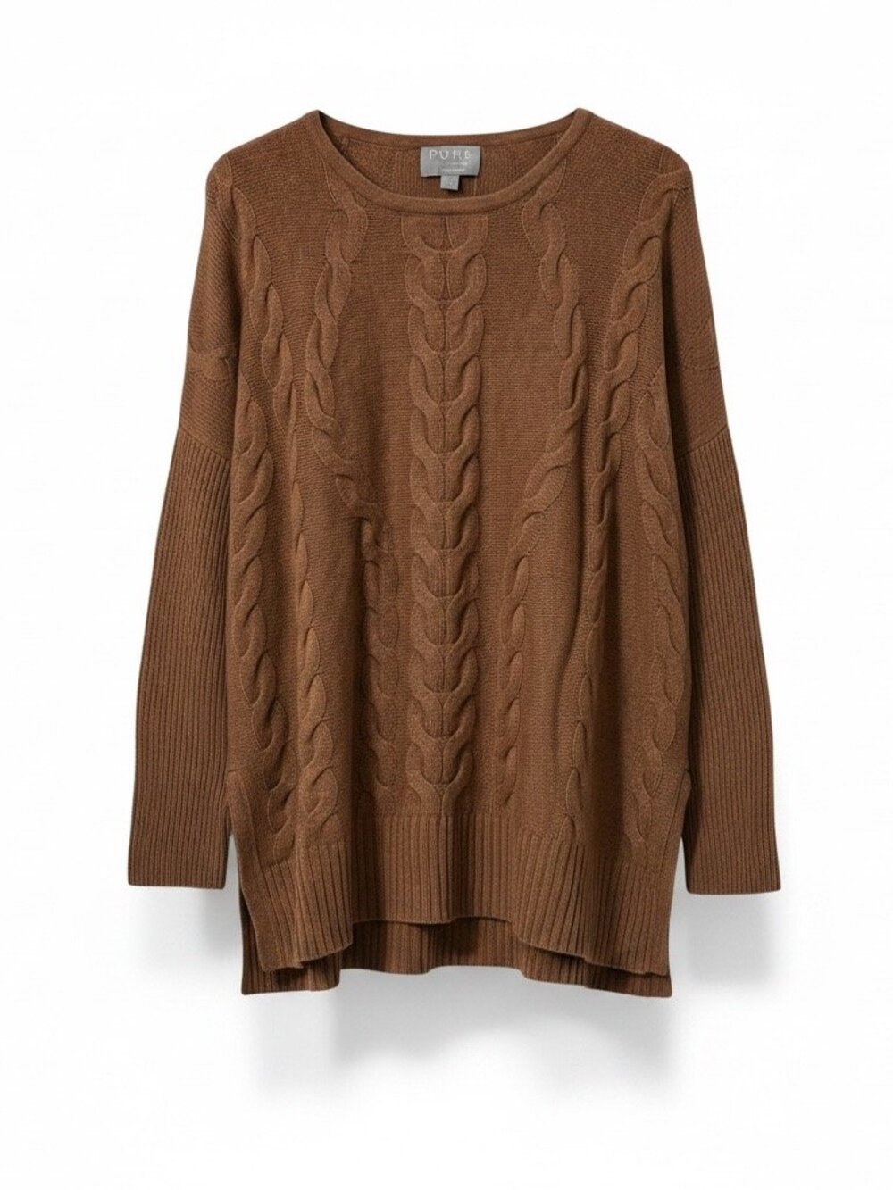 PURE Collection Cashmere Sweater Womens Small Camel Cable Knit Tunic Pullover